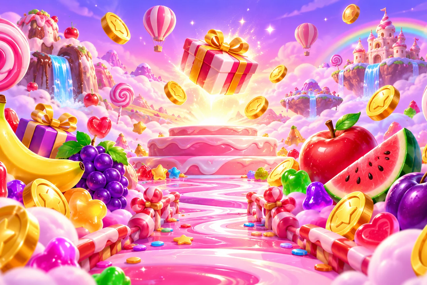 An illustrated candy kingdom filled with glossy sweets and juicy fruit