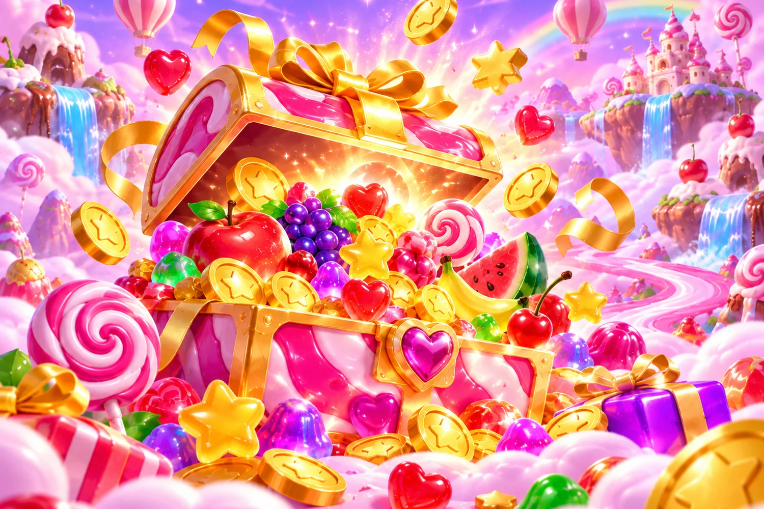 A bright confectionery landscape with fruit, gifts and sugar colours