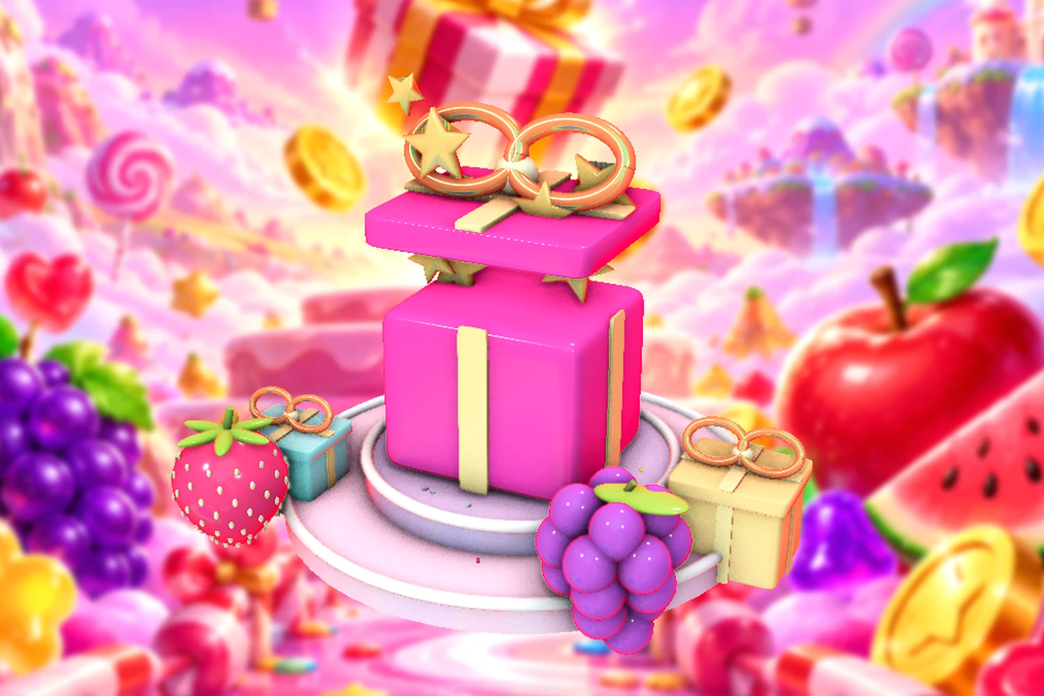 A dimensional candy celebration with wrapped presents and stars