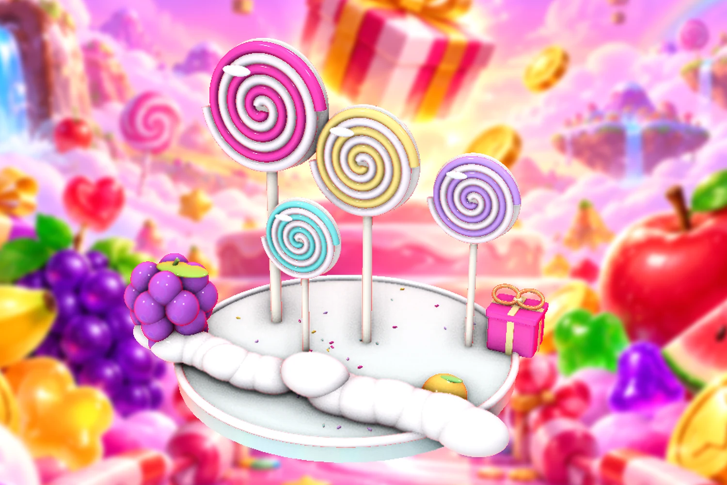 Glossy spiral lollipops, soft clouds and fruit sweets