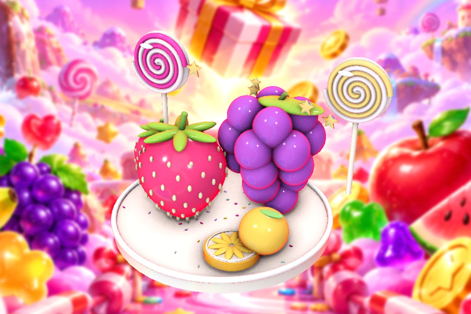 A colourful arrangement of berry sweets and shiny fruit
