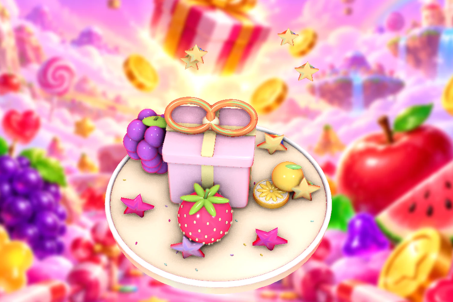 Fruit, bonbons and golden stars around a celebration display